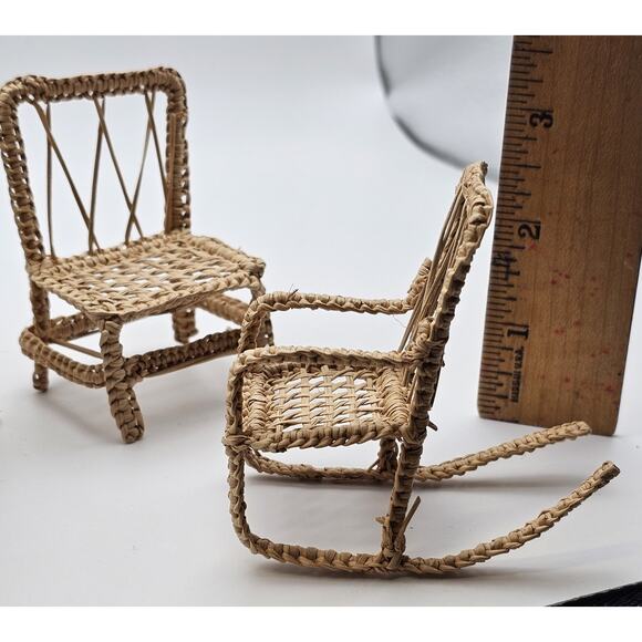 Dollhouse patio kitchen furniture bamboo look chairs bench rocker table mini - Picture 7 of 8